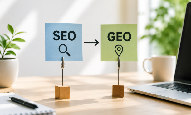 A visual showing the shift from SEO to GEO, highlighting the move from search optimization to location-based targeting.