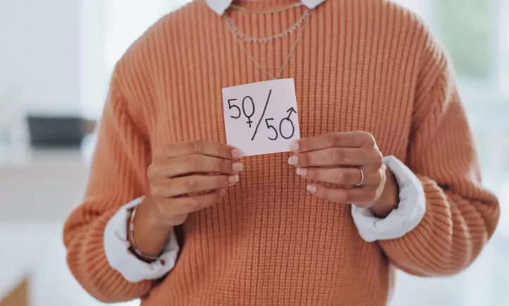 kobieta z kartką z napisem 50/50