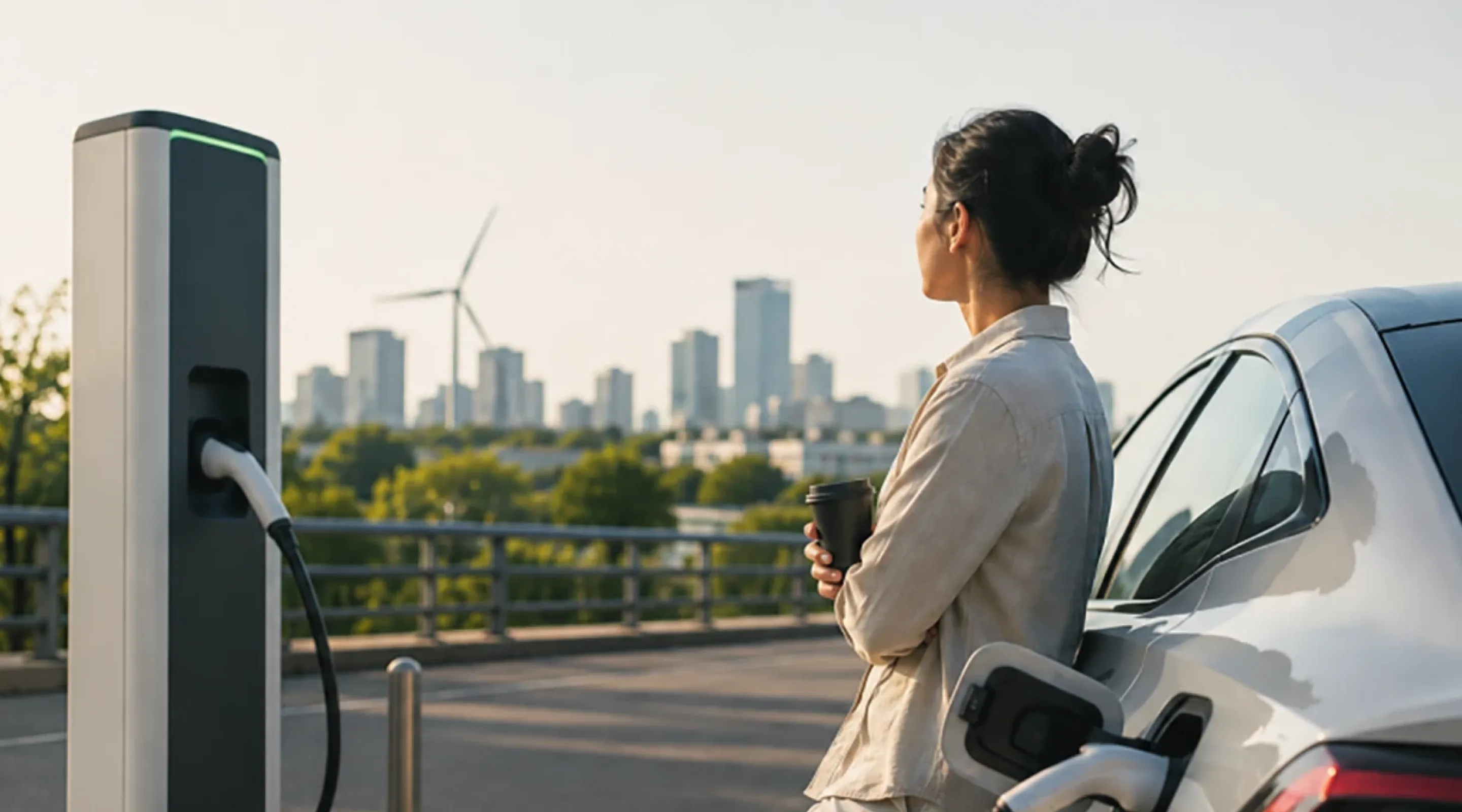Person charging an electric car with a city skyline in the background.