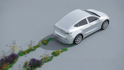 Animiertes Auto, das statt einer Spur Wiese hinter sich lässt