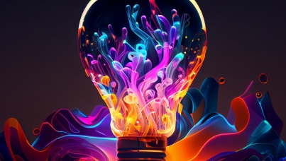 Bunte, leuchtende Glühbirne mit abstrakten Farbströmen im Inneren auf dunklem Hintergrund.