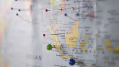 Pushpins in world map