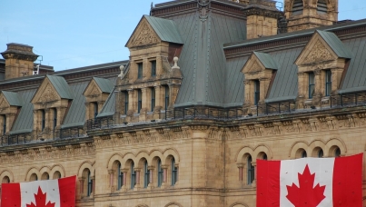 Canadian flags outside Langevin Block