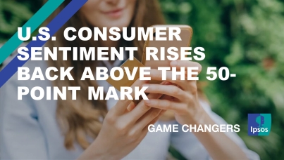 The text, "U.S. consumer sentiment rises back above the 50-point mark".