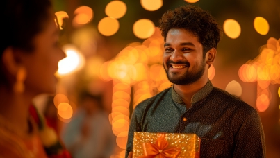 Diwali gift being given; very festive ambience