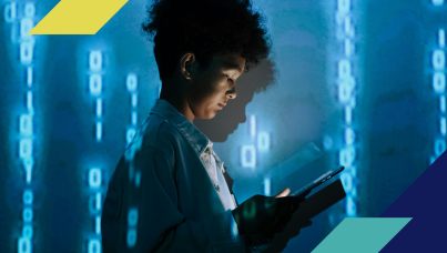 Photo of a woman looking at her phone with numbers behind her