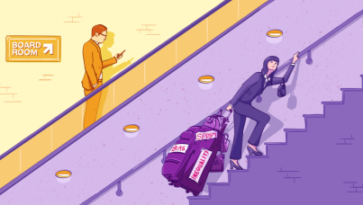 Illustration by David Ko - man taking escalator while woman holding heavy bags takes stairs