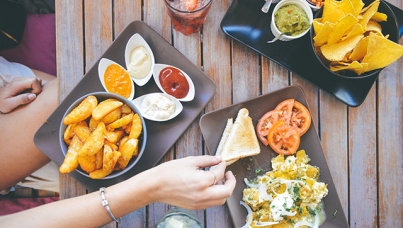 Patio table with assorted appetizers 