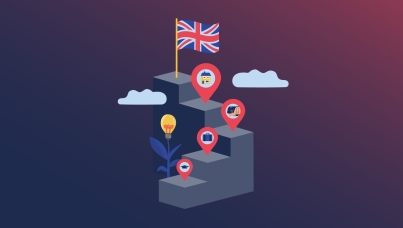 an illustration of steps with location markers on the step with the Union Jack flag at the top