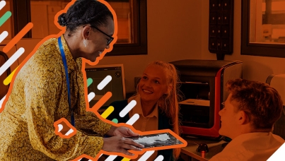 teacher discussing 3d printing with students