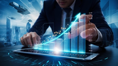 ビジネスマンがタブレットを使用しデータ集計をしている画像