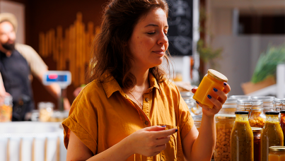 Mulher olhando produto em uma feira