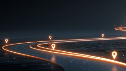 dunkle, stilisierte Landschaft mit leuchtend orangefarbenen Pfaden und schwebenden Standort-Pins