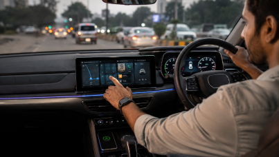 A modern car interior with a digital cockpit shows a driver interacting with a touchscreen while navigating through busy city traffic.