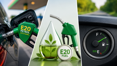 A three-panel visual showing E20 ethanol fuel usage, sustainability symbolism, and fuel efficiency in a modern automotive context.