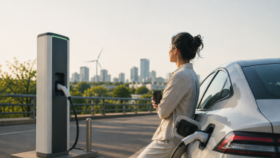 Person charging an electric car with a city skyline in the background.