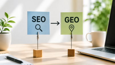 A visual showing the shift from SEO to GEO, highlighting the move from search optimization to location-based targeting.