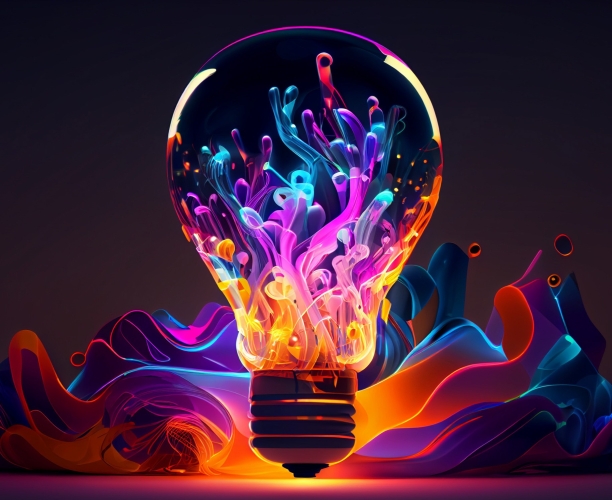 Bunte, leuchtende Glühbirne mit abstrakten Farbströmen im Inneren auf dunklem Hintergrund.