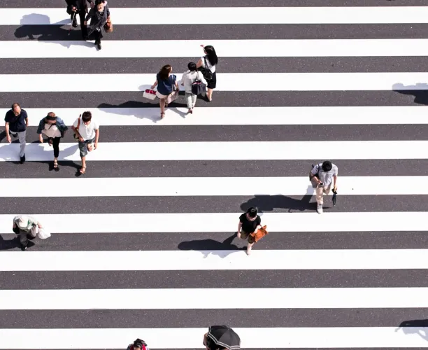 Draufsicht auf einen Zebrastreifen, über den mehrere Menschen in verschiedene Richtungen gehen, begleitet von ihren Schatten auf dem Straßenbelag