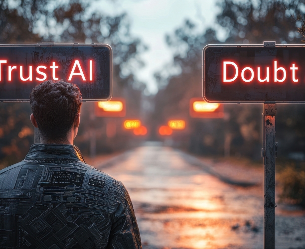 Person steht an einer Weggabelung mit zwei Schildern, auf denen in rot leuchtenden Buchstaben „Trust AI“ und „Doubt AI“ steht