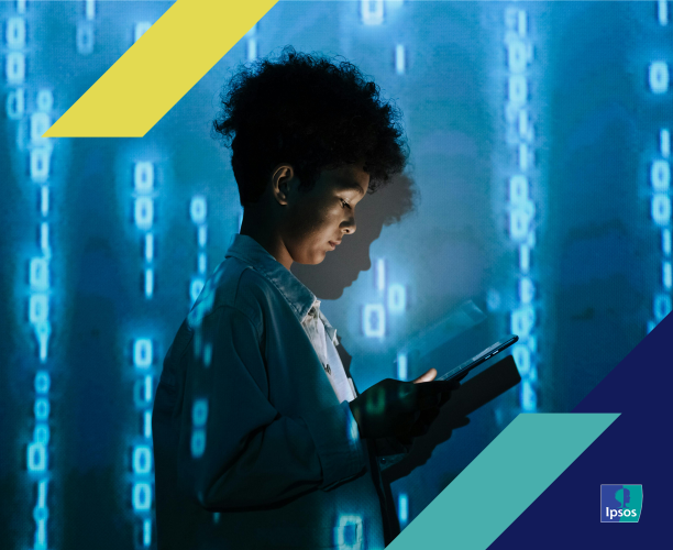 Photo of a woman looking at her phone with numbers behind her