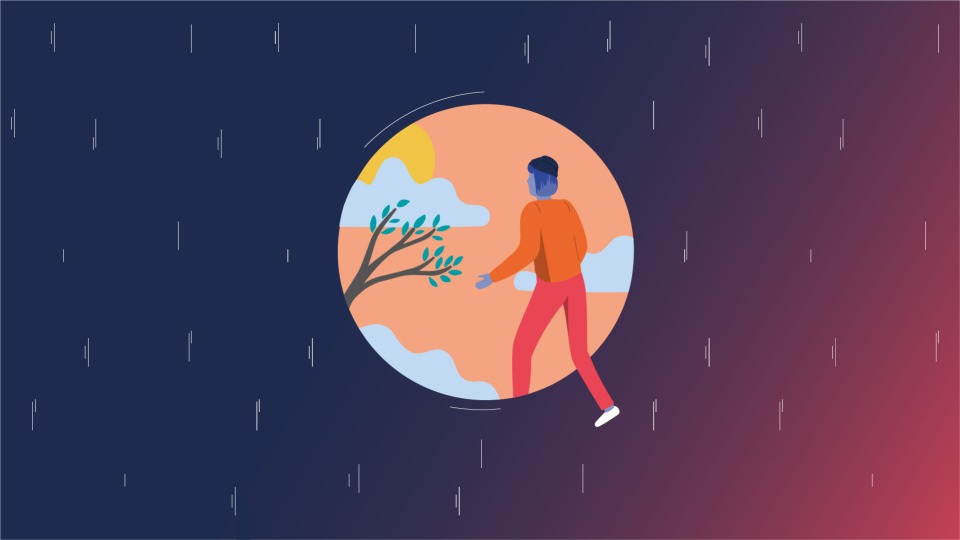 An illustration of a Gen-Z person step out of the gloomy rain into a more optimistic world
