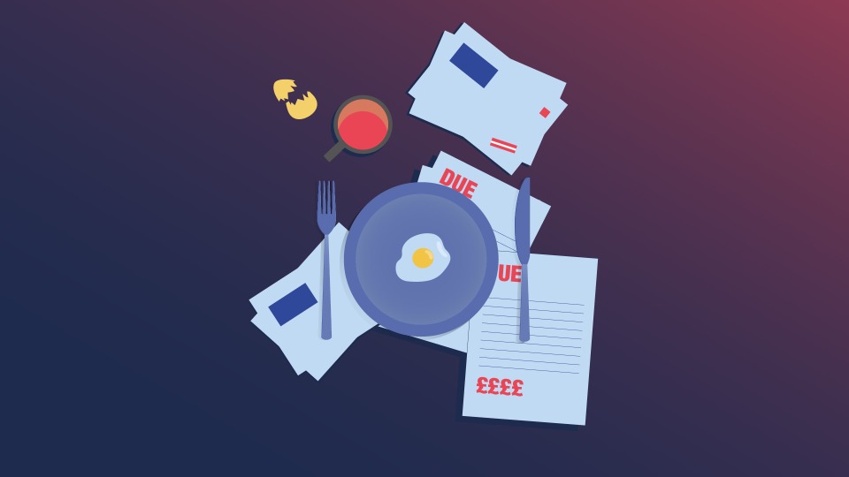 an illustration of a plate with a single small fried egg on it on top of bills