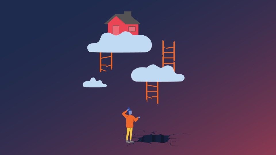 an illustration of people struggling to get ion the housing ladder as prices are too high