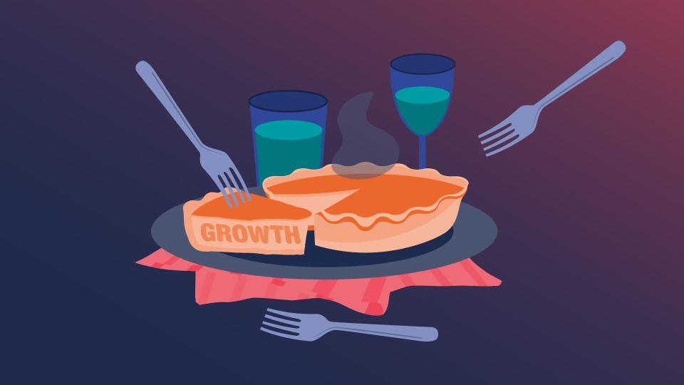 An illustration of a pie being sliced up with the word growth on it