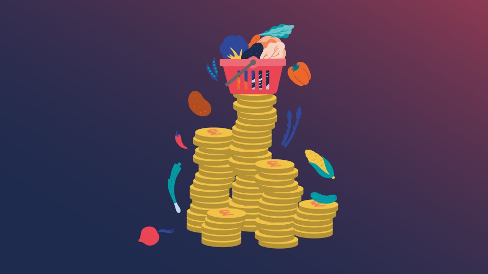An illustration of a stack of coins pushing up food prices
