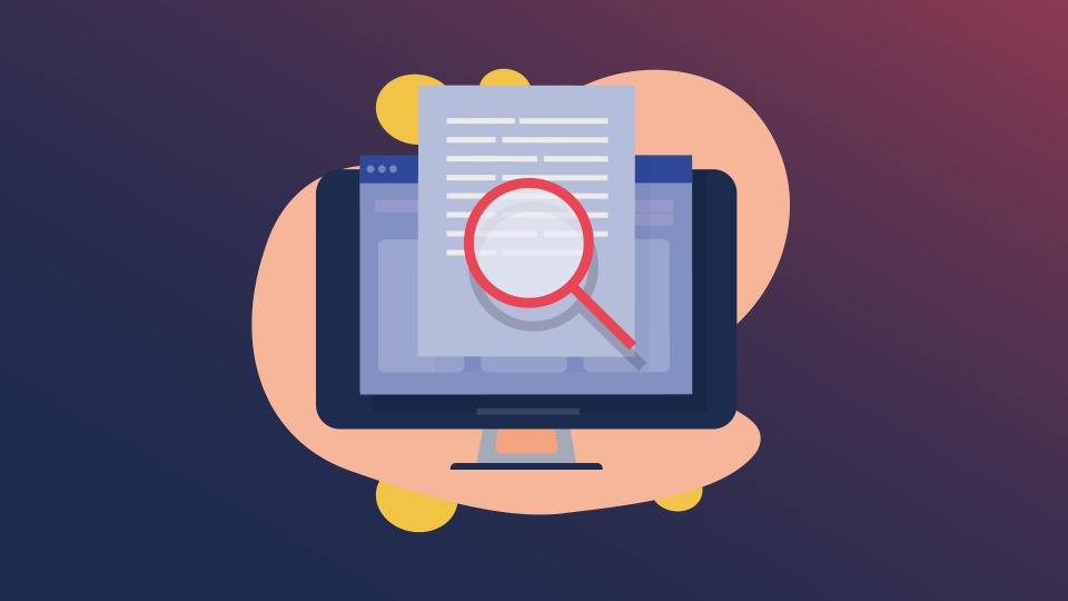an illustration of a magnifying glass searching documents on a screen