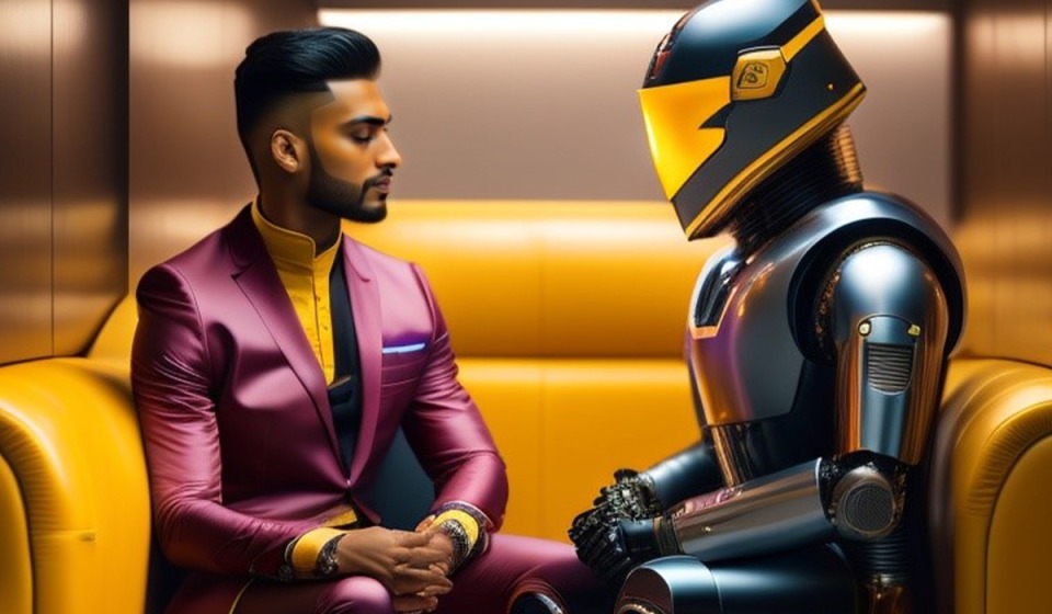 AI generated picture of man talking with robot