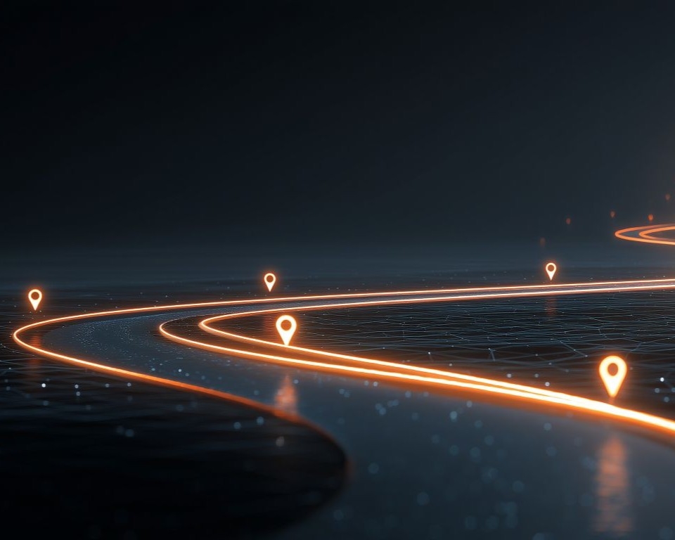 dunkle, stilisierte Landschaft mit leuchtend orangefarbenen Pfaden und schwebenden Standort-Pins