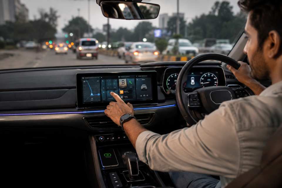 A modern car interior with a digital cockpit shows a driver interacting with a touchscreen while navigating through busy city traffic.