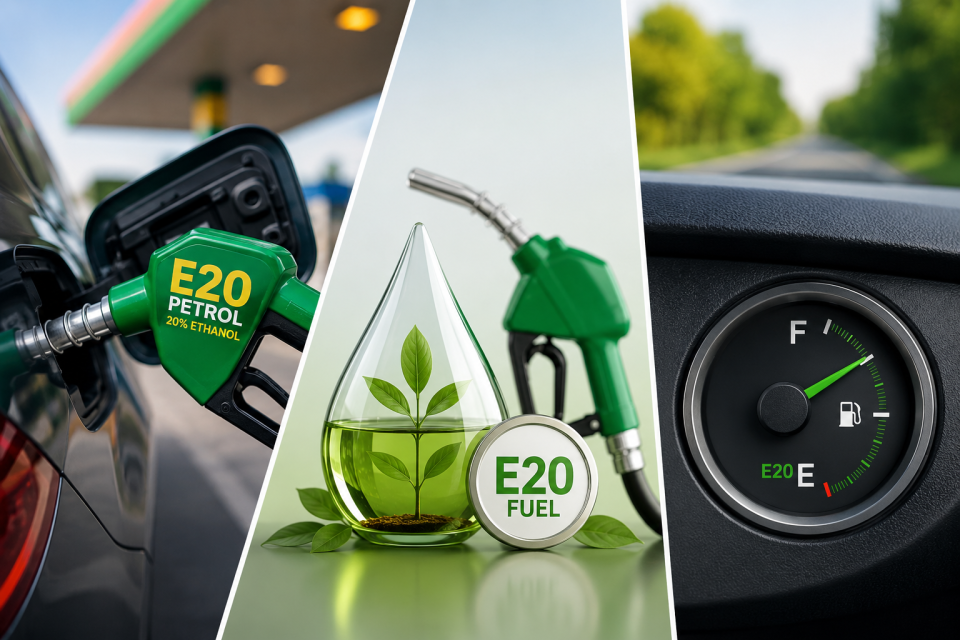 A three-panel visual showing E20 ethanol fuel usage, sustainability symbolism, and fuel efficiency in a modern automotive context.