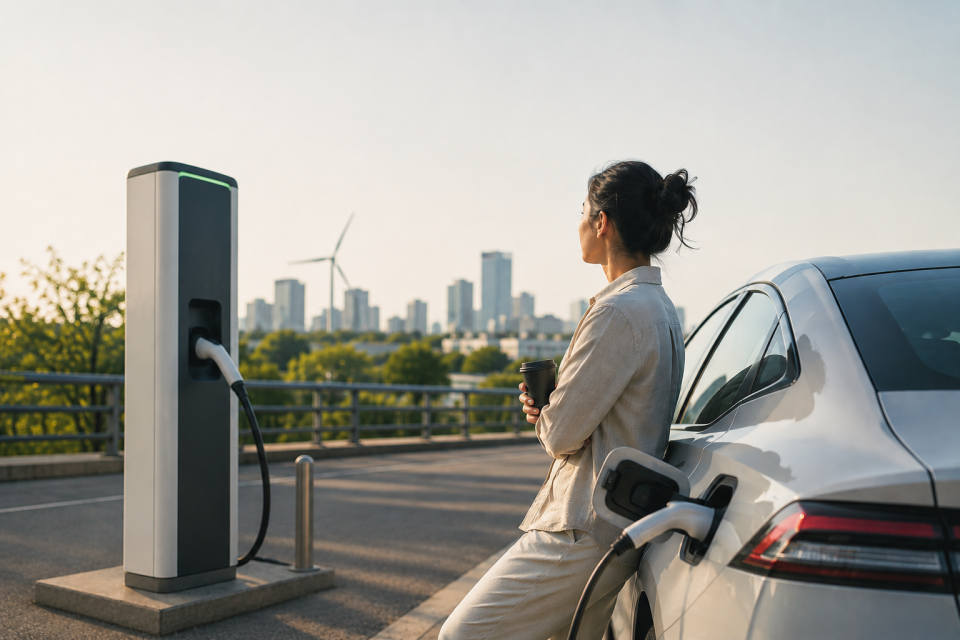 Person charging an electric car with a city skyline in the background.