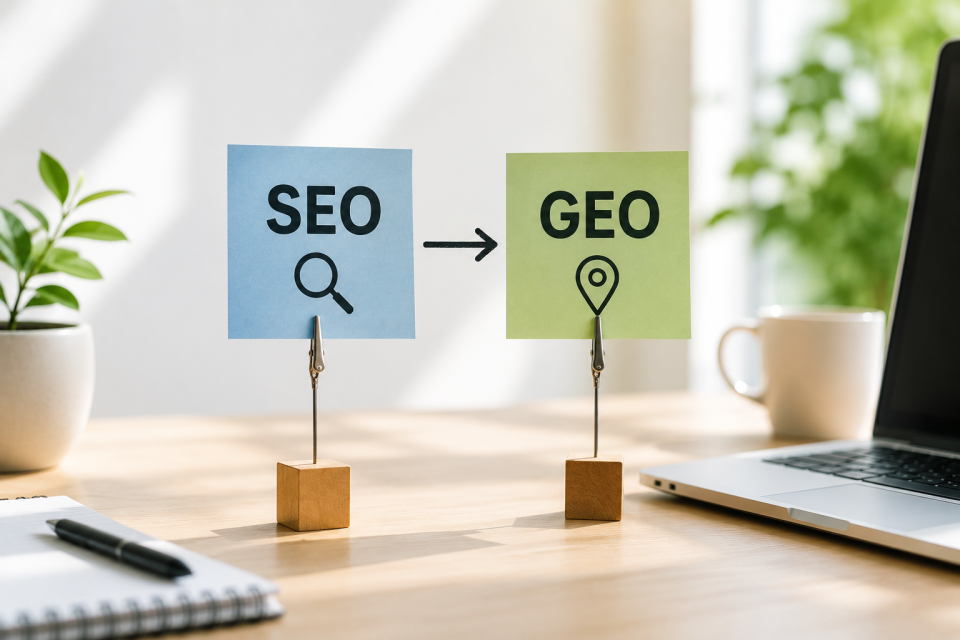 A visual showing the shift from SEO to GEO, highlighting the move from search optimization to location-based targeting.