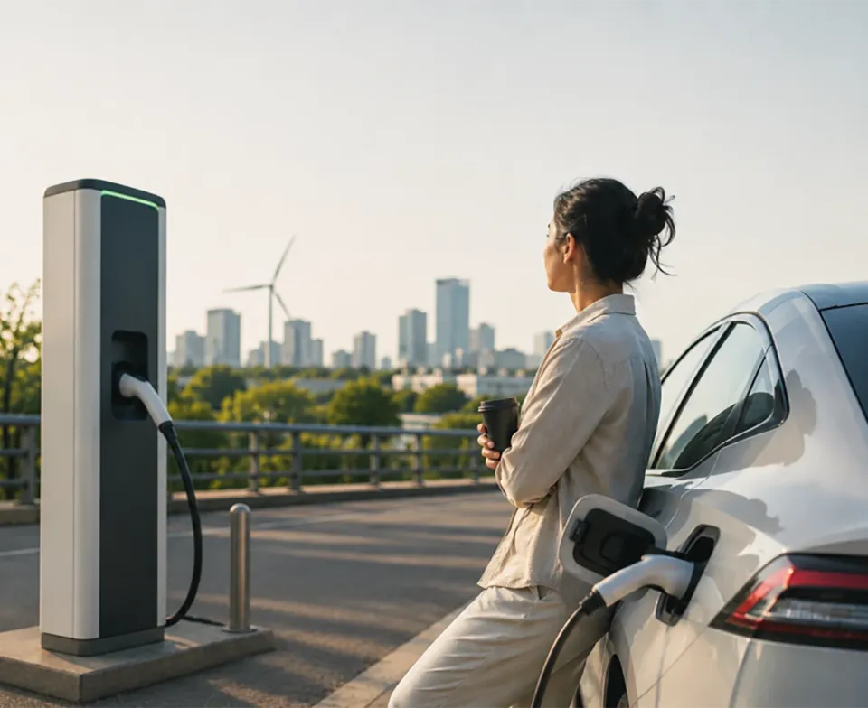 Person charging an electric car with a city skyline in the background.