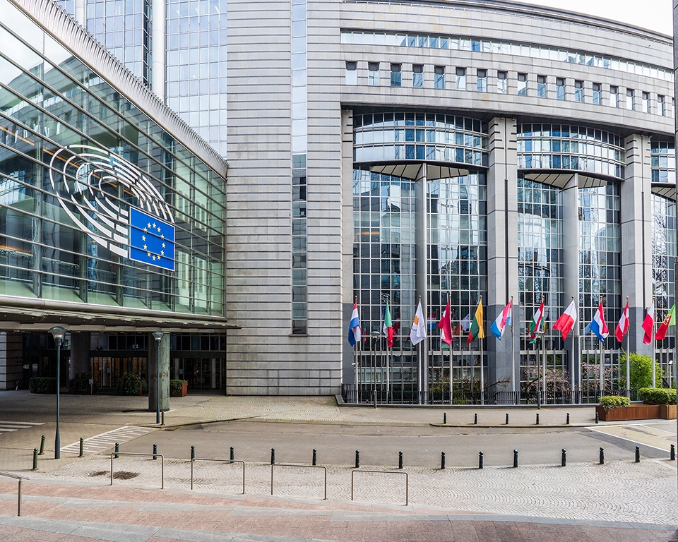 Gebäude des Europäischen Parlaments in Brüssel mit EU-Emblem und Flaggen der Mitgliedstaaten | Ipsos