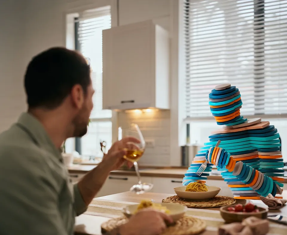 A Human and a Synthetic AI generated person sit down to a meal