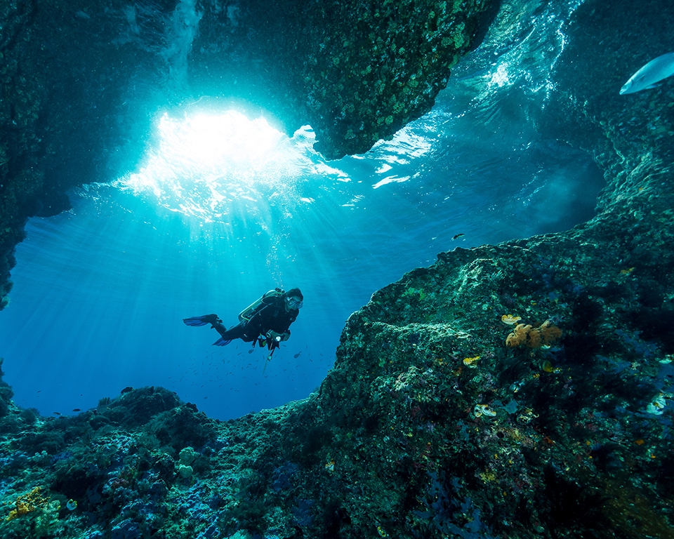 Taucherin unter Wasser am Eingang einer Höhle, durch die Sonnenstrahlen scheinen | Ipsos
