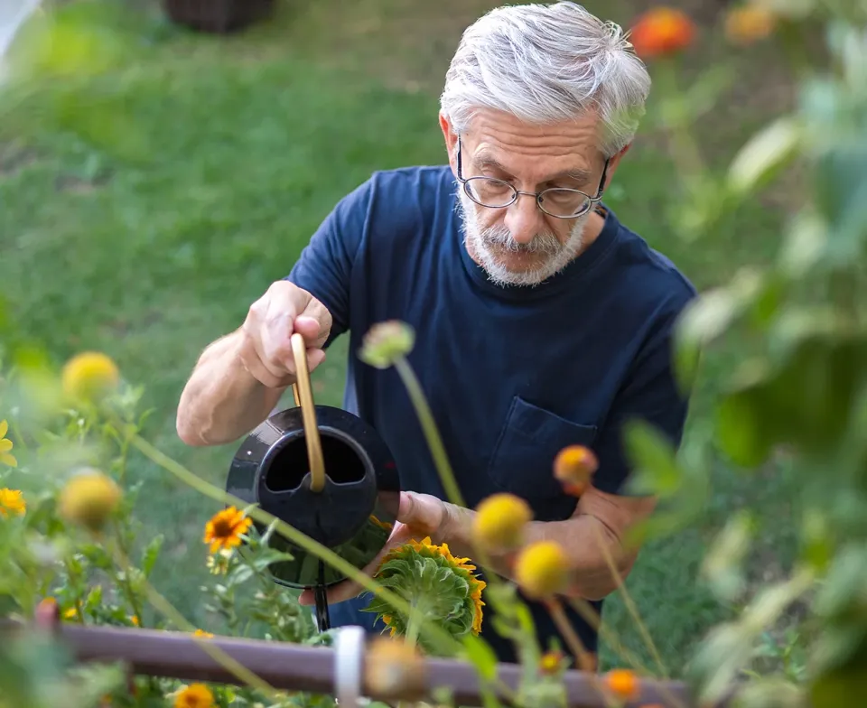 A man waters his plants
