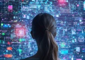 Frau steht vor Digitaler Wand mit vielen KI Informationen
